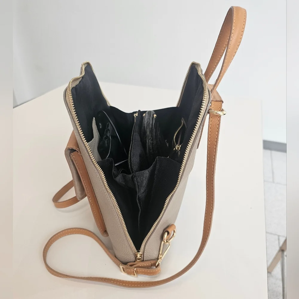 Taupe and Tan Leatherette Women's Backpack - Minimal Pocket Design